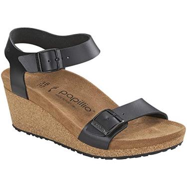 Imagem de Sand lia feminina Birkenstock Soley Wedge, Black Leather, 6-6.5 Narrow