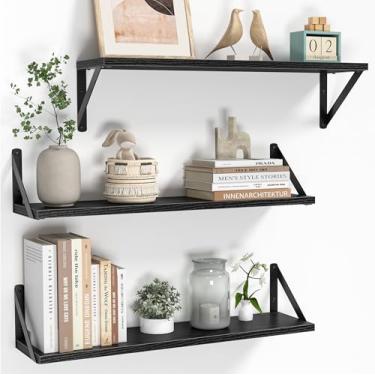 Imagem de Heimlove Prateleiras flutuantes para parede, conjunto de 3 prateleiras flutuantes de madeira de 61 cm de comprimento, prateleira pendurada na parede para banheiro, quarto, cozinha, preta