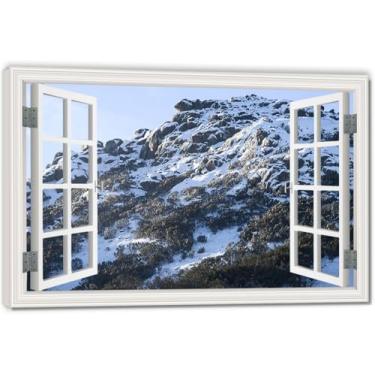 Imagem de Impressão em tela de ilusão de janela falsa The Snow MeltedArtistic, arte de parede com vista panorâmica real para sala de estar 80 x 120 cm emoldurada