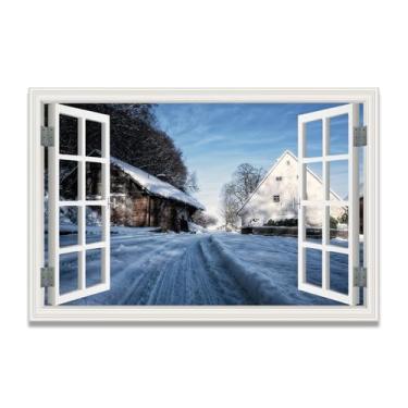 Imagem de LKXGRRSFG Snowy Roads In The VillageImpressão artística em tela de ilusão de janela falsa, arte de parede com vista panorâmica real para sala de estar 60 x 75 cm sem moldura