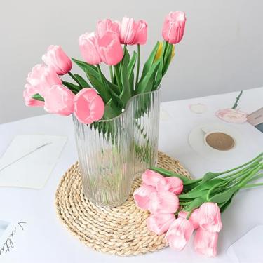 Imagem de 5 peças tulipas artificiais folhas verdes com hastes flores falsas para o dia das mães, Páscoa, decoração de casa