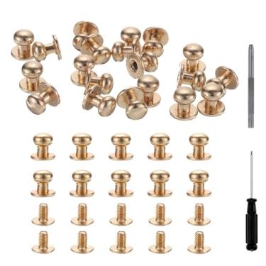 Imagem de 30 conjuntos de parafusos de botão de cabeça redonda, rebites de couro de liga de 7 mm com chave de fenda oca para reparo e decoração de tecido, roupas, sapatos, bolsas, faça você mesmo, dourado