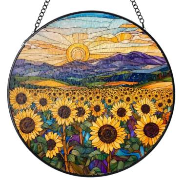 Imagem de Vitral pendurado, girassóis, montanha, sol, vitral, apanhadores de sol, painel de vidro de janelas internas, decoração para pendurar no jardim, aniversário para mulheres, 16 cm