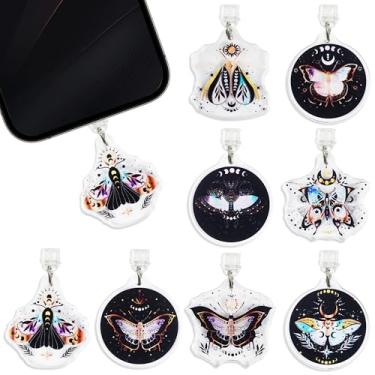 Imagem de MENIFEND Plugue antipoeira tipo C, 9 peças de plugues antipoeira da fase da lua e mariposa celestial compatíveis com tablet USB-C E-Reader, presentes boêmios para mulheres e meninas leitoras