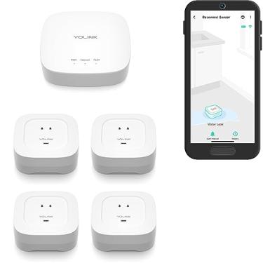 Imagem de YoLink Smart Home Starter Kit: Hub & Water Leak Sensor 4 with 105dB Audio Alarm 4-Pack, SMS/Text, Email & Push Notifications, Freeze Warning, LoRa Up to 1/4 Mile Open-Air Range, w/Alexa, IFTTT