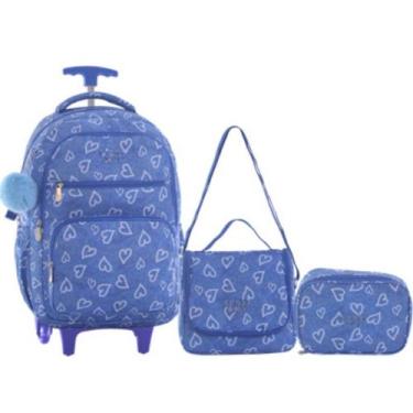 Imagem de Kit Mochila 18 Juvenil 2 Rodas Estampa Coração Passeio Escolar Com Lan