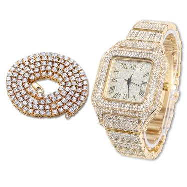 Imagem de Halukakah Diamonds Gold Watch Iced Out, pulseira masculina de quartzo banhado a ouro real 18 quilates, mostrador quadrado de 24 cm, com opções de conjunto de pulseira de colar de corrente de tênis