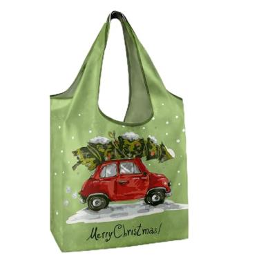 Imagem de Sacola de compras reutilizável de Natal com estampa de carro, sacolas de compras reutilizáveis com faixa elástica, dobrável, lavável na máquina, para presentes de Natal