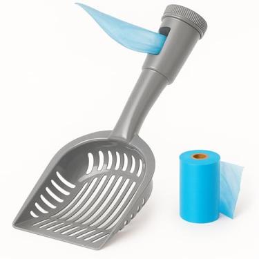 Imagem de ARMATY Colher de cocô 2 em 1 com acessório de bolsa, pá de areia para gatos com bolsa, dispensador embutido, inclui rolo de lixo, limpeza de enxágue, antiaderente, peneira inteligente, cabo longo