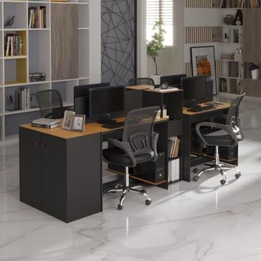 Imagem de Estação De Trabalho 4 Lugares Office Tech 4 Mesas 2 Armários - Preto E Cedro Preto E Cedro