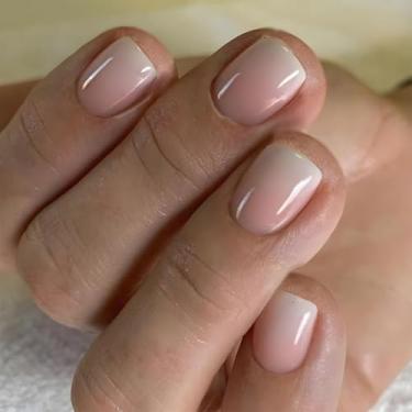 Imagem de Unhas curtas quadradas, ombré, nude, branca, com cola falsa, cobertura total, bastão falso artificial em unhas de acrílico para mulheres, casamento, 24 peças