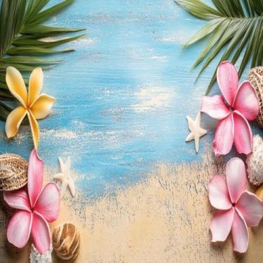 Imagem de Quadro Decorativo Estampa Summer Beach com Flores e Folhagens de Palmeira - Decoração Tropicana para Casa e Escritório 50x50cm