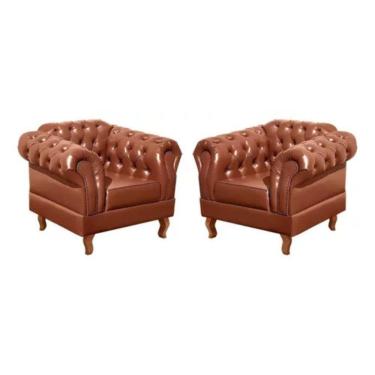 Imagem de Kit 2 Poltronas Chesterfield Dom Pedro Vintage Retrô Capitonê Couro Caramelo