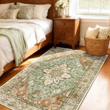 Imagem de RELEANY Tapetes de área 9,5 x 1,5 m lavável aspirador de pó, antiderrapante, estampa floral vintage tapete medalhão para sala de estar quarto tijolo vermelho ferrugem marrom neutro laranja verde