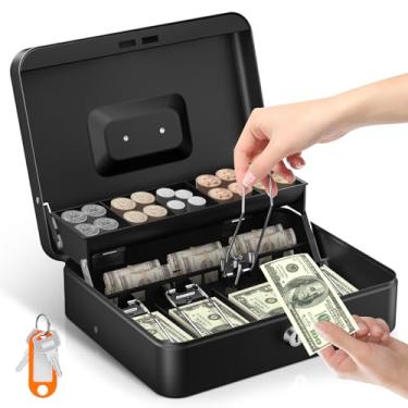 Imagem de Uniclife SAFECaixa de dinheiro com bandeja de dinheiro e cadeado, caixa grande para caixa registradora, caixa de segurança de metal com chave, caixa portátil para economizar dinheiro, gaveta de