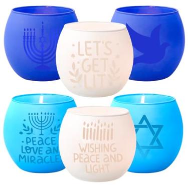 Imagem de Decorações de Hanukkah para ambientes internos 6 peças de castiçais votivos com menorá, estrela de Davi para decoração de férias judaicas - presentes de Hanukkah azul e branco e decoração de mesa
