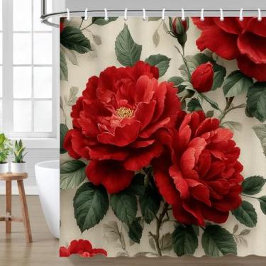 Imagem de ubcindy Cortina de chuveiro rosa, rosa vermelha, presente de amor, dia dos namorados, cortina de banho com 12 ganchos, flor encantadora para decoração de banheiro, tecido impermeável durável lavável