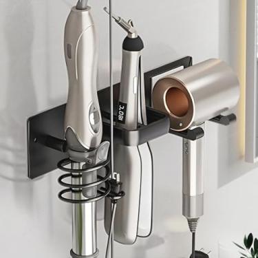 Imagem de HOHOWU Suporte de secador de cabelo montado na parede, secador de cabelo, modelador de cachos, suporte de alisador 3 em 1 rack organizador de ferramentas de cabelo de metal para banheiro - PRETO-2