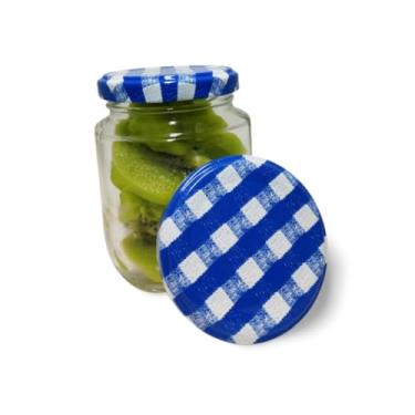 Imagem de Pote Vidro Pequeno, Kit Potes de Vidros 240ml Belem para Geleias Doces Conservas Tampas Metálicas Lacres(24,Xadrez Azul)