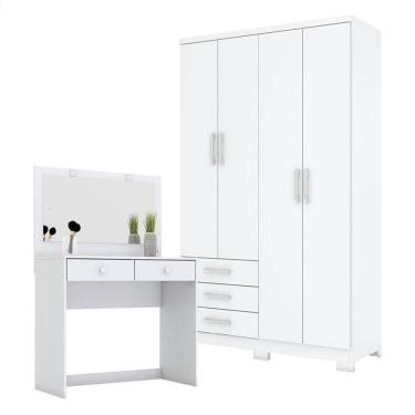 Imagem de Guarda Roupa Solteiro Caju 4 Portas E Penteadeira Daila Com Led Branco - Henn
