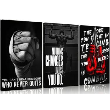 Imagem de 3 peças de arte de parede em tela esportiva de boxe luvas de boxe fitness com citação motivacional pintura de parede decoração de parede preto e branco para quarto de adolescente, dormitório, academia