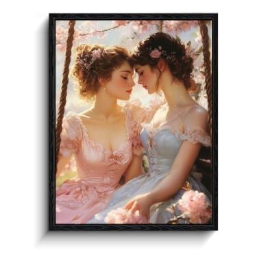 Imagem de Arte de parede lésbica, abraço de flor de cerejeira, decoração de parede cottagecore romântico, impressão em tela emoldurada estilo rococó pastel, pôster de romance LGBT, para presente de sala de