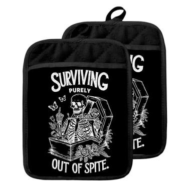 Imagem de GOOZHO Suportes de panela engraçados de esqueleto gótico com bolsos, Dark Academia Goth Skull Butterfly Floral Forno, luvas de forno resistentes ao calor, almofadas quentes para cozinha, assar e