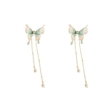 Imagem de Brincos de borboleta verde banhados a ouro para mulheres, brincos longos de borla de cristal, joias leves e modernas, para festas de casamento, uso diário, drop earrings, Latão, Sem pedra preciosa