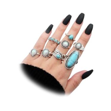 Imagem de Anéis de dedo volumosos boêmios empilháveis vintage oval turquesa opala lágrima declaração midi conjunto de anéis ocidentais country festival acessórios, Large, Liga de aço, Sem pedra preciosa