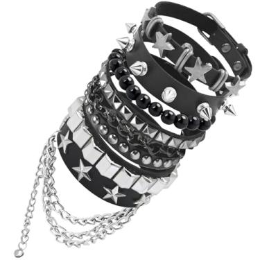 Imagem de ZLFSRQ 5 pulseiras de emoção, pulseira punk rock cravejada para mulheres e homens, pulseiras de couro gótico, acessórios de joias emo Y2K, pulseira gótica ajustável para roupas de roqueiro dos anos 80