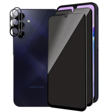 Imagem de Pacote com 2 + 2 protetores de tela de privacidade para Samsung Galaxy A15 5G com 2 protetores de lente de câmera, cobertura total, película de vidro temperado anti-espião, dureza 9H, fácil de