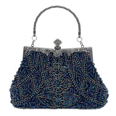 Imagem de YUGAORULI Bolsa de mão vintage floral com lantejoulas de strass bordada, bolsa de mão para noite, festa de casamento e formatura, Azul marinho