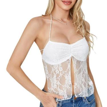 Imagem de Camiseta regata Pivanzore Y2K Lace Cami Mesh transparente  branca