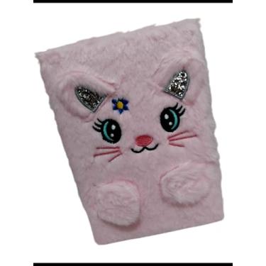 Imagem de Caderno pelúcia com Capa de Gatinho, Pelúcia Rosa, 80 Folhas Pautadas, Detalhes em Glitter Prateado, Olhos Bordados, Flor Decorativa