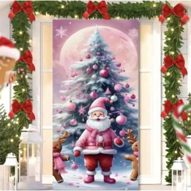 Imagem de Capa para Porta Feliz Natal Rosa com Elástico – Painel Decorativo Feliz Papai Noel Tecido Premiun (2,10 Cms X 0,85 Cms) (3)