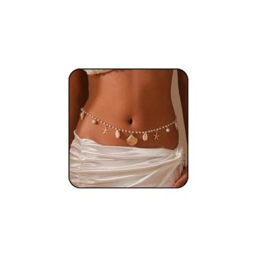 Imagem de Corrente de biquíni com concha para mulheres, corrente de cintura, corrente de barriga, acessórios de praia de verão, pérola e contas de sereia para mulheres, Large, Liga metálica, Sem Pedra Preciosa