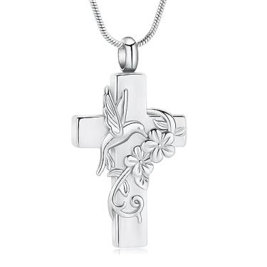 Imagem de mingkejw Colar de urna com cruz de beija-flor para cinzas, joia de cremação para mulheres e homens, colar memorial de aço inoxidável, suporte de cinzas para animais de estimação humanos, joia de