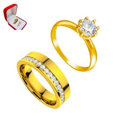 Imagem de Anel Luxo 6mm Dourado Cravejado Compromisso + Anel Solitario Banhado O