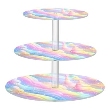 Imagem de Blueangle Suporte redondo de cupcake de 3 camadas – Torre de sobremesa acrílica em espiral de sorvete arco-íris, suporte de sobremesa em camadas antiderrapante para chá de bebê, aniversário, festa de