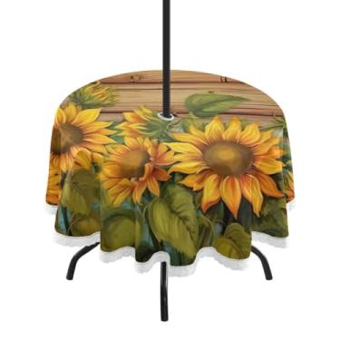 Imagem de ATTX Toalha de mesa redonda girassóis em tábua de madeira para uso externo – 152 cm, impermeável, à prova de derramamento, uso interno/externo, com orifício para guarda-chuva com zíper para