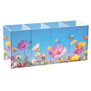 Imagem de SEHANY Porta-canetas de acrílico com flores silvestres coloridas, 4 compartimentos, porta-lápis transparente, organizador de pincéis de maquiagem, organizador de papelaria para escritório, casa