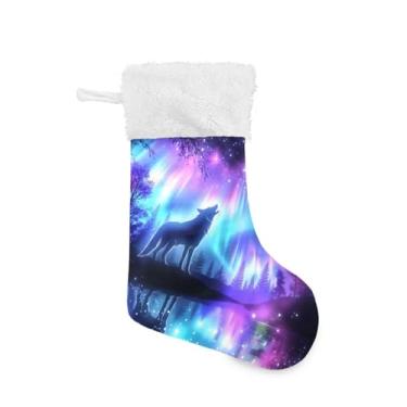 Imagem de Blueangle 1 pacote com 17,7 polegadas Aurora Boreal Lobo Meias de Natal para decorações de festas de fim de ano, porta-presentes e meias (170)