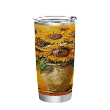 Imagem de Blueangle Copo de 590 ml com tampa e canudo, copo de café com água isolada a vácuo de aço inoxidável, caneca de viagem com pintura de girassóis copo térmico para bebidas quentes e frias (716)