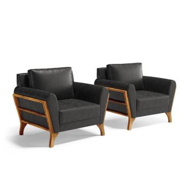 Imagem de Kit 2 Poltronas Sabrina De Madeira Maciça Com Almofada Courino Preto 503