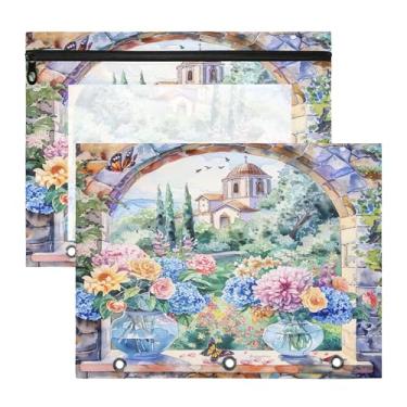 Imagem de SEHANY Pasta de lápis de flores de jardim com 3 anéis - bolsa de documentos com zíper tamanho A4 com janela transparente para sala de aula, escritório, 2 peças