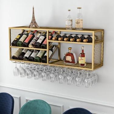 Imagem de HGTRH Prateleira de metal para pendurar na parede, prateleiras flutuantes, cálice suspenso, garrafa de vinho de grande capacidade e prateleira de exibição de garrafa de licor de vidro prateleiras de