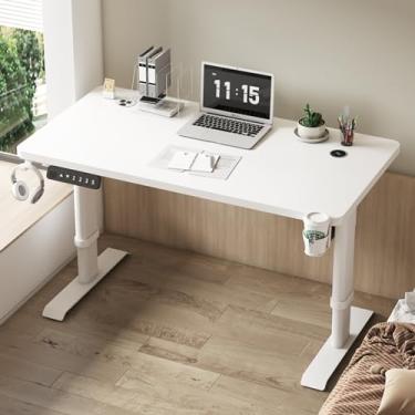 Imagem de HGTRH Mesa em pé com altura ajustável com tomadas, altura ajustável, mesa de trabalho de computador, mesa de escritório em casa com 3 funções de memória e carregamento sem fio