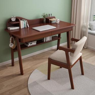 Imagem de Pequena mesa de estudo para quarto de 76 a 81 cm, mesa infantil com gavetas e prateleiras de armazenamento, mesa de estudo espaçosa de madeira maciça para crianças de 6 a 12 anos com orifício para