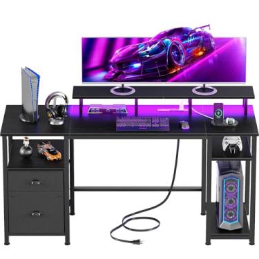 Imagem de Furologee Mesa de jogos de 154 cm com tomadas elétricas e luzes LED, mesa de computador reversível com armário de arquivos e suporte de monitor para escritório em casa, grande mesa de trabalho com