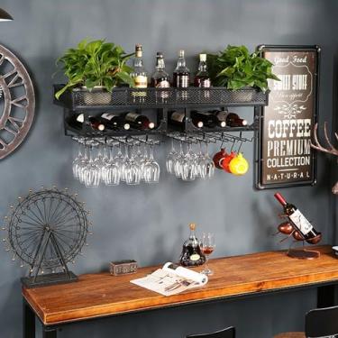 Imagem de HGTRH Suporte para garrafa de vinho montado na parede, prateleira de vinho de ferro, estilo moderno, suporte de vinho montado na parede, preto, 2 laços para armazenamento de vinho/prateleira flutuante